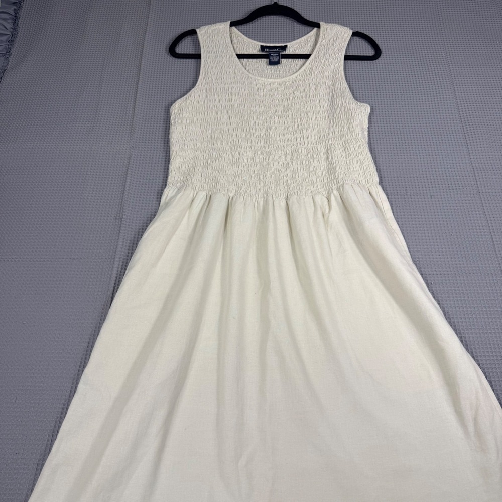 Denim & Co size M Smocked Midi Dress Cream 100% Cotton Sleeveless Pockets A79096